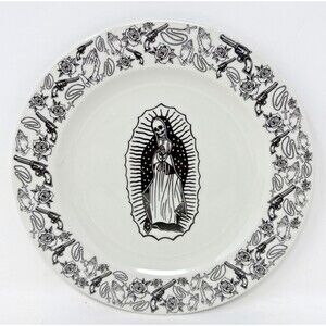 2 VTG Churchill Santa Muerte Plates 8" Lunch Plate Gothic Halloween Guns Roses